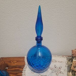 Vintage Empoli Style Genie Bottle Bubble Blue Decanter With Stopper 15.25” Read